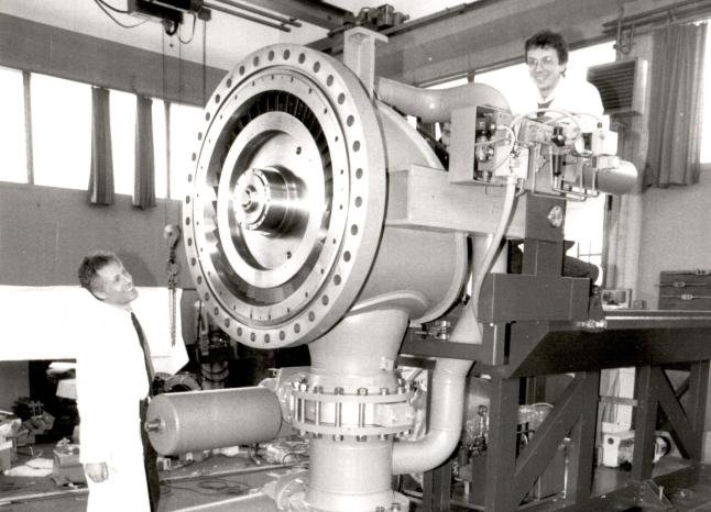 Early Turboden turbine in the workshop, black and white photo